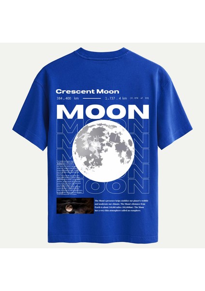 Unisex Bisiklet Yaka %100 Organik Pamuklu Kalın Dokulu Moon Baskılı Oversize T-Shirt - Saks Mavisi
