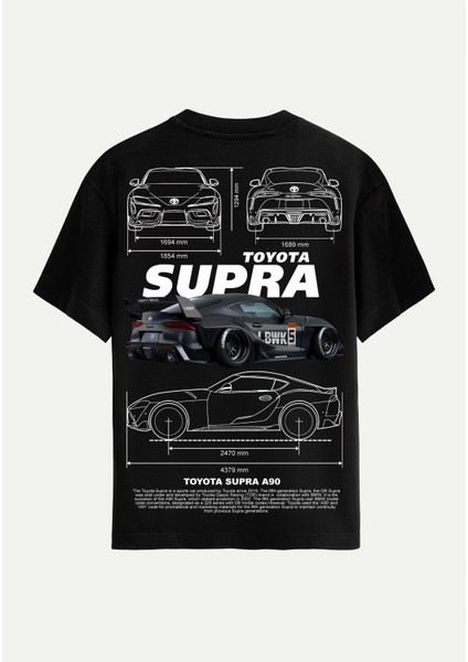 Unisex Bisiklet Yaka %100 Organik Pamuklu Kalın Dokulu Toyota Supra A90 Baskılı Oversize T-Shirt - Siyah