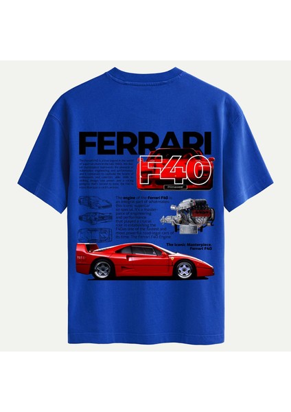 Unisex Bisiklet Yaka %100 Organik Pamuklu Kalın Dokulu Ferrari F40 Baskılı Oversize T-Shirt - Saks Mavisi