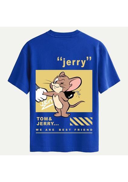 Unisex Bisiklet Yaka %100 Organik Pamuklu Kalın Dokulu Jerry Baskılı Oversize T-Shirt - Saks Mavisi