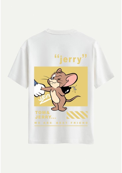 Unisex Bisiklet Yaka %100 Organik Pamuklu Kalın Dokulu Jerry Baskılı Oversize T-Shirt - Ekru
