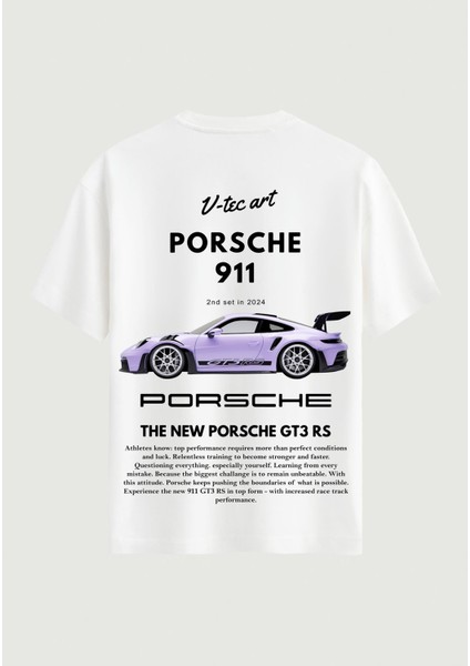 Unisex Bisiklet Yaka %100 Organik Pamuklu Kalın Dokulu Porsche 911 Baskılı Oversize T-Shirt - Beyaz