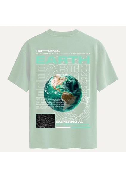 Unisex Bisiklet Yaka %100 Organik Pamuklu Kalın Dokulu Earth Baskılı Oversize T-Shirt - Bej