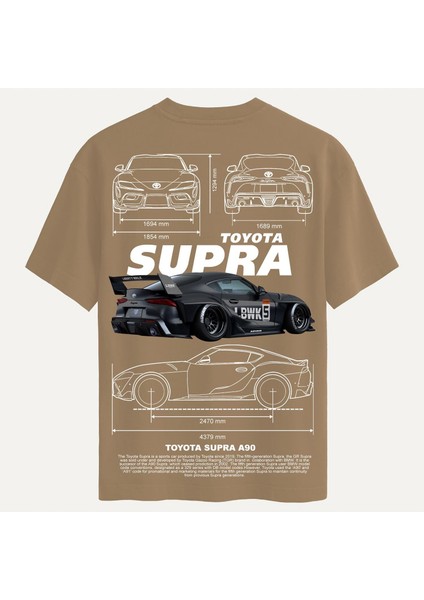 Unisex Bisiklet Yaka %100 Organik Pamuklu Kalın Dokulu Toyota Supra A90 Baskılı Oversize T-Shirt - Açık Kahverengi