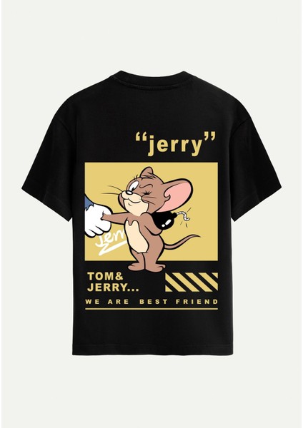 Unisex Bisiklet Yaka %100 Organik Pamuklu Kalın Dokulu Jerry Baskılı Oversize T-Shirt - Siyah