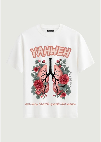 Unisex Bisiklet Yaka %100 Organik Pamuklu Kalın Dokulu Yahweh Baskılı Oversize T-Shirt - Beyaz