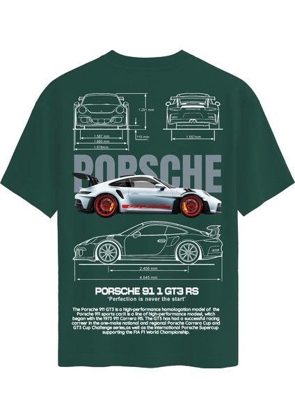 Unisex Bisiklet Yaka %100 Organik Pamuklu Kalın Dokulu Porsche 911 Gt3 Rs Baskılı Oversize T-Shirt - Koyu Yeşil