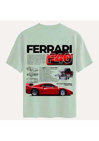 Unisex Bisiklet Yaka %100 Organik Pamuklu Kalın Dokulu Ferrari F40 Baskılı Oversize T-Shirt - Bej