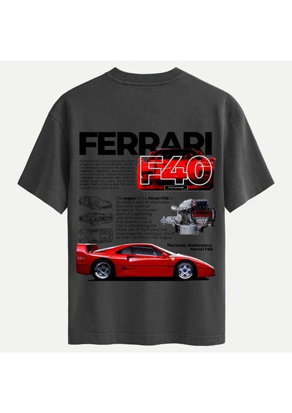 Unisex Bisiklet Yaka %100 Organik Pamuklu Kalın Dokulu Ferrari F40 Baskılı Oversize T-Shirt - Füme