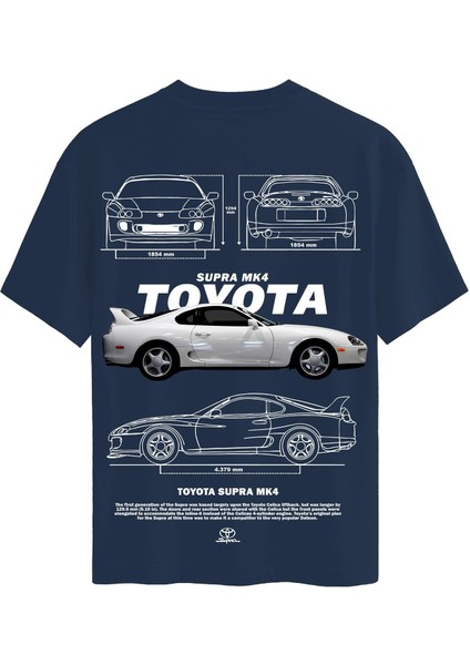 Unisex Bisiklet Yaka %100 Organik Pamuklu Kalın Dokulu Toyota Supra Mk4 Baskılı Oversize T-Shirt - Lacivert