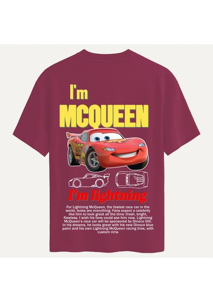 Unisex Bisiklet Yaka %100 Organik Pamuklu Kalın Dokulu Mcqueen Baskılı Oversize T-Shirt - Bordo