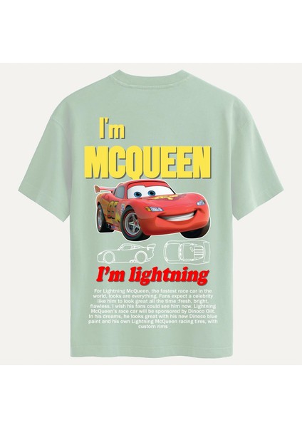 Unisex Bisiklet Yaka %100 Organik Pamuklu Kalın Dokulu Mcqueen Baskılı Oversize T-Shirt - Bej