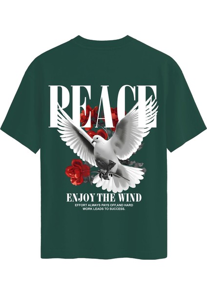 Unisex Bisiklet Yaka %100 Organik Pamuklu Kalın Dokulu Peace Baskılı Oversize T-Shirt - Koyu Yeşil