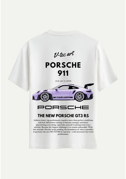 Unisex Bisiklet Yaka %100 Organik Pamuklu Kalın Dokulu Porsche 911 Baskılı Oversize T-Shirt - Ekru