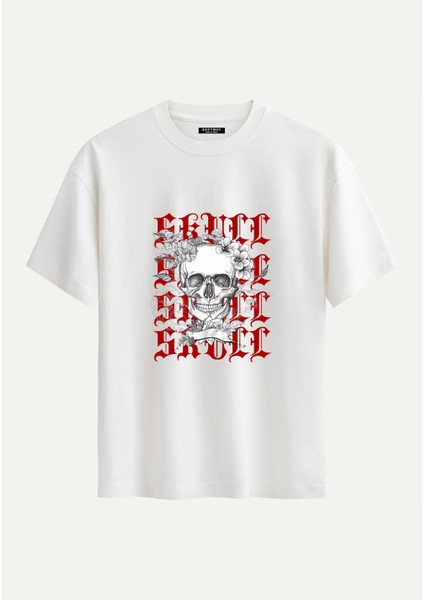Unisex Bisiklet Yaka %100 Organik Pamuklu Kalın Dokulu Skull Baskılı Oversize T-Shirt - Ekru