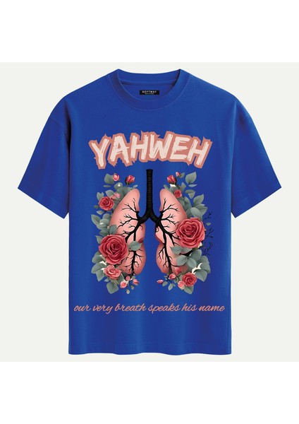 Unisex Bisiklet Yaka %100 Organik Pamuklu Kalın Dokulu Yahweh Baskılı Oversize T-Shirt - Saks Mavisi