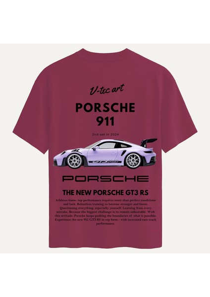 Unisex Bisiklet Yaka %100 Organik Pamuklu Kalın Dokulu Porsche 911 Baskılı Oversize T-Shirt - Bordo