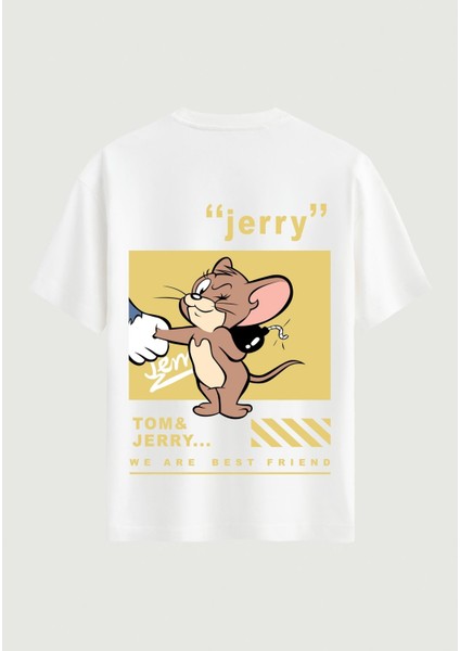 Unisex Bisiklet Yaka %100 Organik Pamuklu Kalın Dokulu Jerry Baskılı Oversize T-Shirt - Beyaz