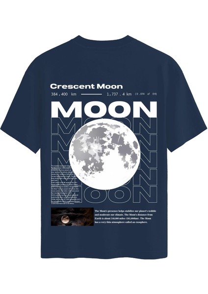 Unisex Bisiklet Yaka %100 Organik Pamuklu Kalın Dokulu Moon Baskılı Oversize T-Shirt - Lacivert