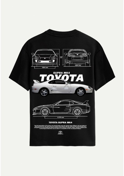 Unisex Bisiklet Yaka %100 Organik Pamuklu Kalın Dokulu Toyota Supra Mk4 Baskılı Oversize T-Shirt - Siyah