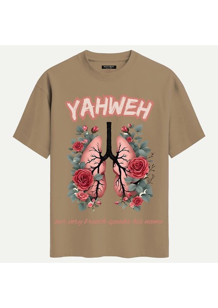 Unisex Bisiklet Yaka %100 Organik Pamuklu Kalın Dokulu Yahweh Baskılı Oversize T-Shirt - Açık Kahverengi