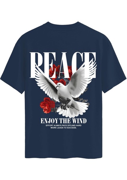 Unisex Bisiklet Yaka %100 Organik Pamuklu Kalın Dokulu Peace Baskılı Oversize T-Shirt - Lacivert