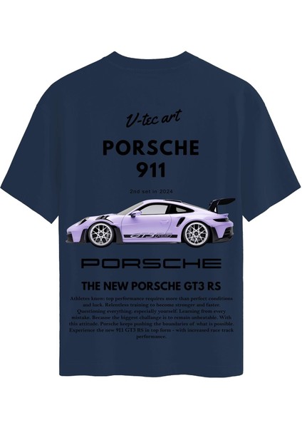Unisex Bisiklet Yaka %100 Organik Pamuklu Kalın Dokulu Porsche 911 Baskılı Oversize T-Shirt - Lacivert