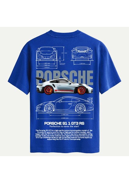 Unisex Bisiklet Yaka %100 Organik Pamuklu Kalın Dokulu Porsche 911 Gt3 Rs Baskılı Oversize T-Shirt - Saks Mavisi