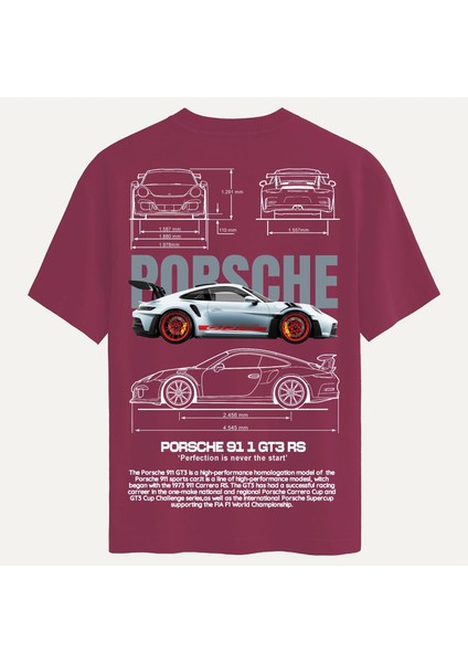 Unisex Bisiklet Yaka %100 Organik Pamuklu Kalın Dokulu Porsche 911 Gt3 Rs Baskılı Oversize T-Shirt - Bordo