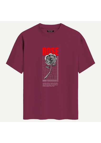 Unisex Bisiklet Yaka %100 Organik Pamuklu Kalın Dokulu Rose Baskılı Oversize T-Shirt - Bordo