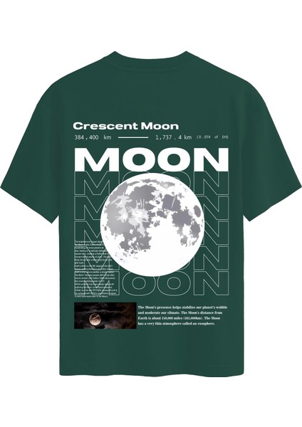 Unisex Bisiklet Yaka %100 Organik Pamuklu Kalın Dokulu Moon Baskılı Oversize T-Shirt - Koyu Yeşil