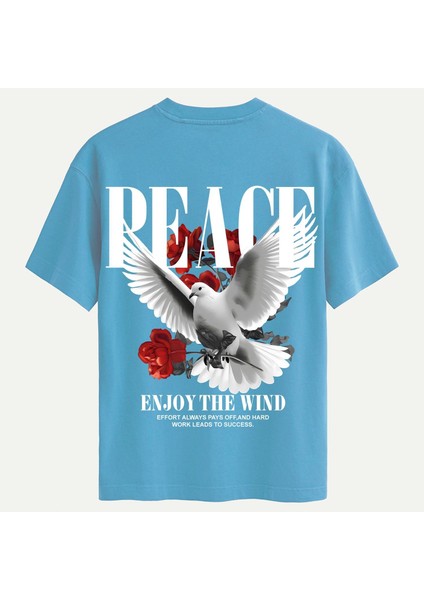 Unisex Bisiklet Yaka %100 Organik Pamuklu Kalın Dokulu Peace Baskılı Oversize T-Shirt - Mavi