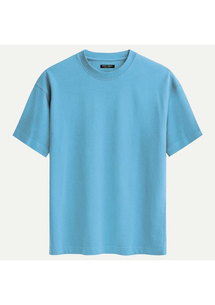 Unisex Bisiklet Yaka %100 Organik Pamuklu Kalın Dokulu Peace Baskılı Oversize T-Shirt - Mavi fiyatları