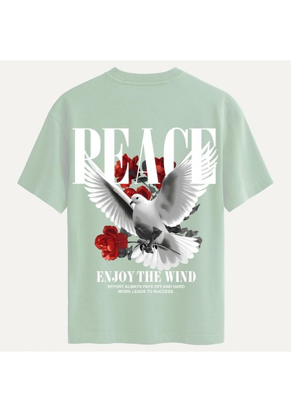 Unisex Bisiklet Yaka %100 Organik Pamuklu Kalın Dokulu Peace Baskılı Oversize T-Shirt - Bej
