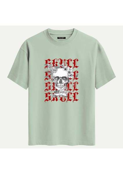 Unisex Bisiklet Yaka %100 Organik Pamuklu Kalın Dokulu Skull Baskılı Oversize T-Shirt - Bej
