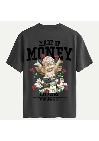 Unisex Bisiklet Yaka %100 Organik Pamuklu Kalın Dokulu Made Of Money Baskılı Oversize T-Shirt - Füme