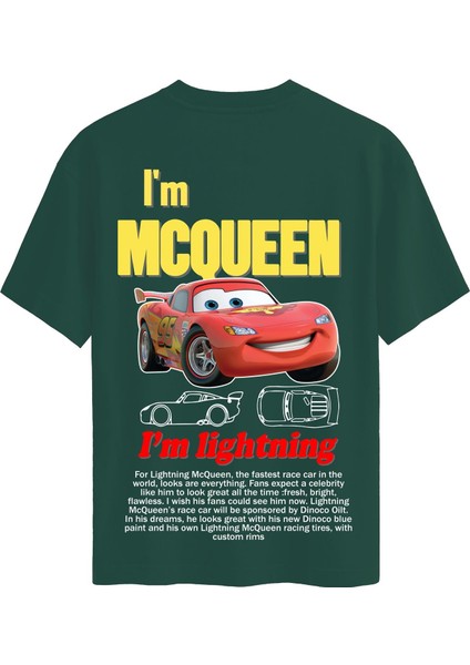 Unisex Bisiklet Yaka %100 Organik Pamuklu Kalın Dokulu Mcqueen Baskılı Oversize T-Shirt - Koyu Yeşil