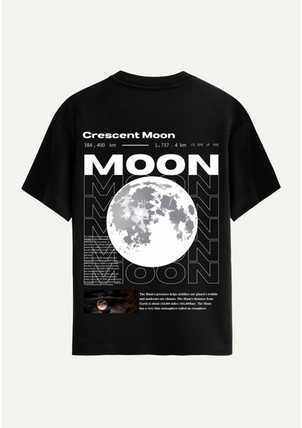 Unisex Bisiklet Yaka %100 Organik Pamuklu Kalın Dokulu Moon Baskılı Oversize T-Shirt - Siyah