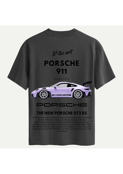 Unisex Bisiklet Yaka %100 Organik Pamuklu Kalın Dokulu Porsche 911 Baskılı Oversize T-Shirt - Füme