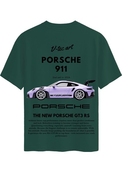 Unisex Bisiklet Yaka %100 Organik Pamuklu Kalın Dokulu Porsche 911 Baskılı Oversize T-Shirt - Koyu Yeşil