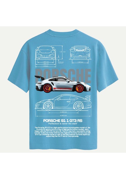 Unisex Bisiklet Yaka %100 Organik Pamuklu Kalın Dokulu Porsche 911 Gt3 Rs Baskılı Oversize T-Shirt - Mavi