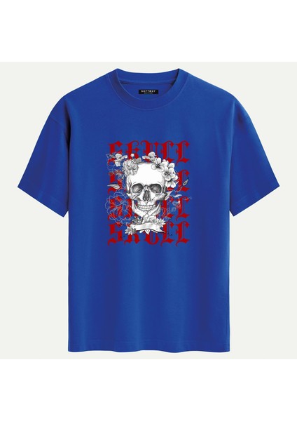 Unisex Bisiklet Yaka %100 Organik Pamuklu Kalın Dokulu Skull Baskılı Oversize T-Shirt - Saks Mavisi
