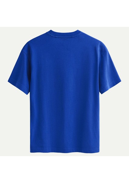 Unisex Bisiklet Yaka %100 Organik Pamuklu Kalın Dokulu Skull Baskılı Oversize T-Shirt - Saks Mavisi fiyatları