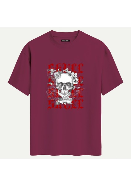 Unisex Bisiklet Yaka %100 Organik Pamuklu Kalın Dokulu Skull Baskılı Oversize T-Shirt - Bordo