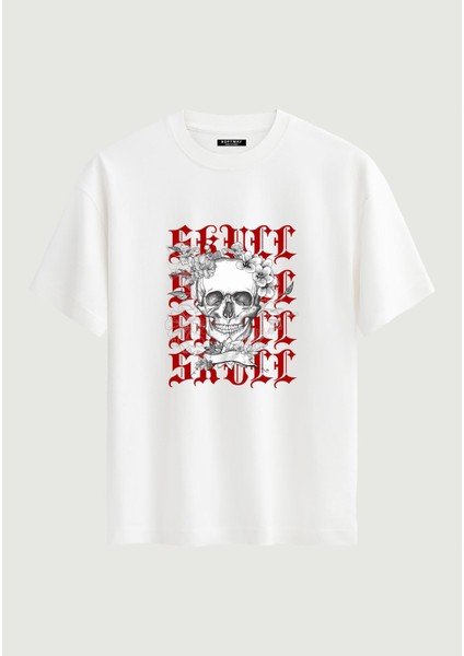 Unisex Bisiklet Yaka %100 Organik Pamuklu Kalın Dokulu Skull Baskılı Oversize T-Shirt - Beyaz