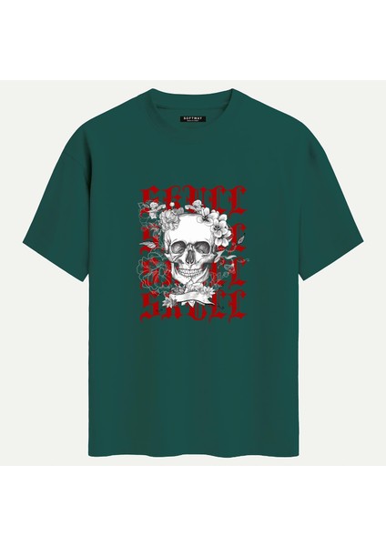 Unisex Bisiklet Yaka %100 Organik Pamuklu Kalın Dokulu Skull Baskılı Oversize T-Shirt - Koyu Yeşil