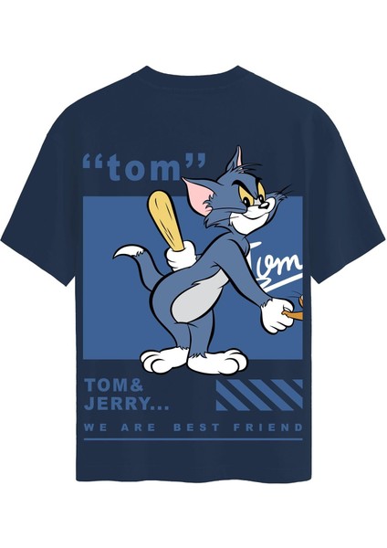 Unisex Bisiklet Yaka %100 Organik Pamuklu Kalın Dokulu Tom Baskılı Oversize T-Shirt - Lacivert