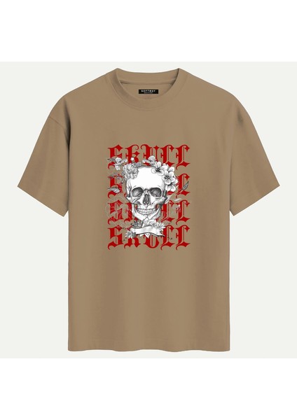 Unisex Bisiklet Yaka %100 Organik Pamuklu Kalın Dokulu Skull Baskılı Oversize T-Shirt - Açık Kahverengi