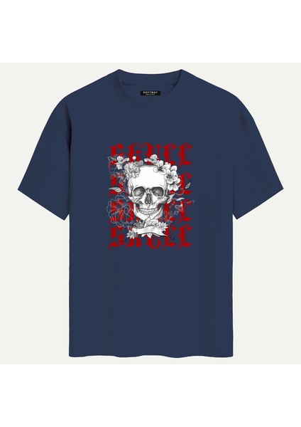 Unisex Bisiklet Yaka %100 Organik Pamuklu Kalın Dokulu Skull Baskılı Oversize T-Shirt - Lacivert