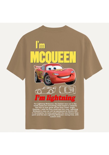 Unisex Bisiklet Yaka %100 Organik Pamuklu Kalın Dokulu Mcqueen Baskılı Oversize T-Shirt - Açık Kahverengi